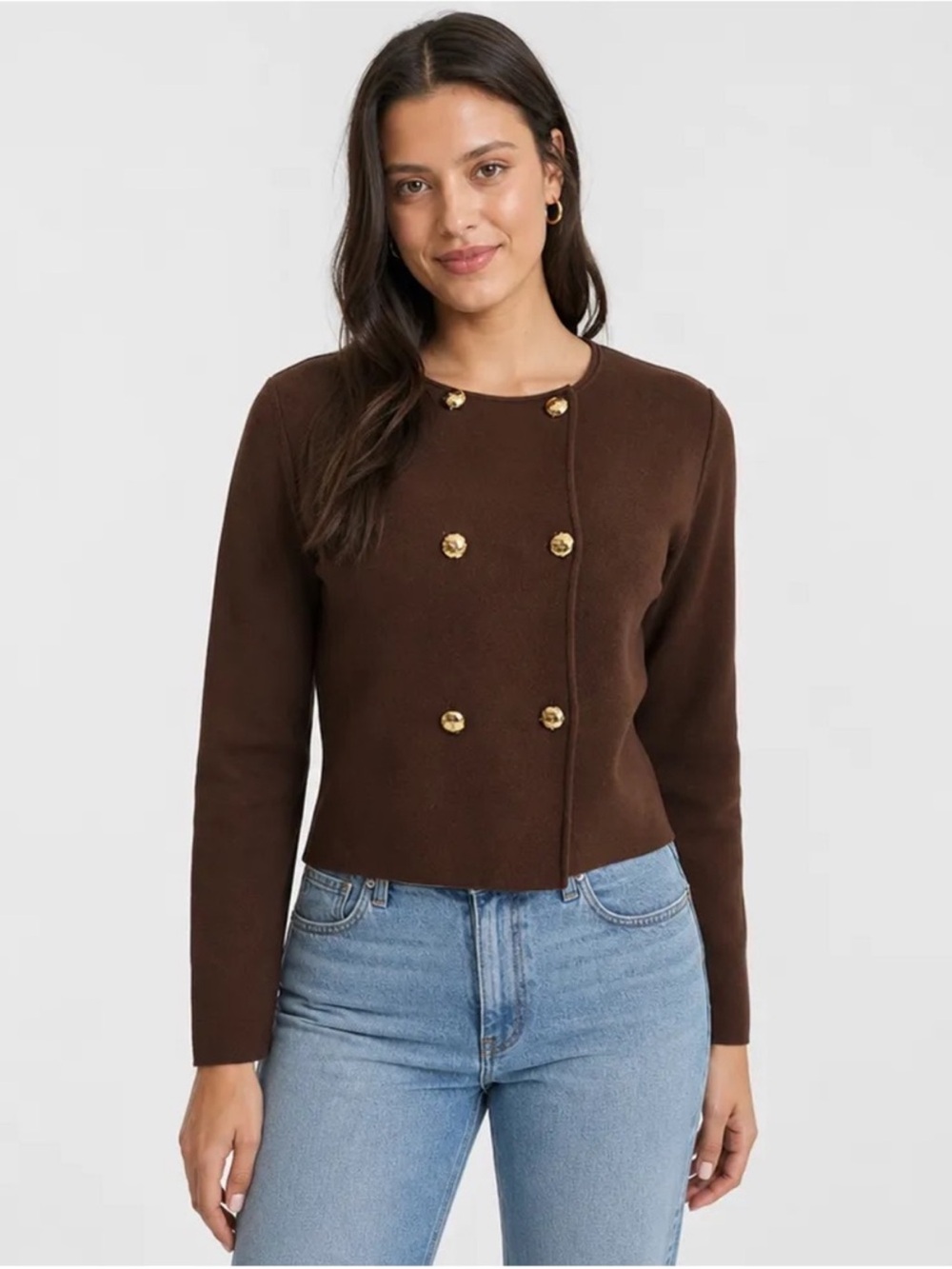 Zara Brown Double-Breasted Knit Blazer with Gold Buttons